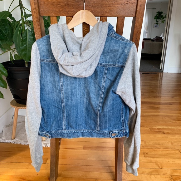 Garage Denim Jacket with grey sweater sleeves and hood - Picture 2 of 3